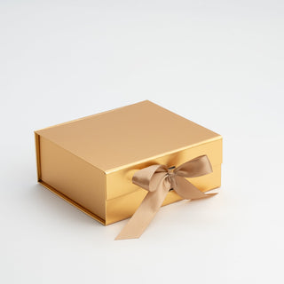 Cutie Cadou Pliată Premium cu Panglică, Carton, Auriu, 20x18x8 cm