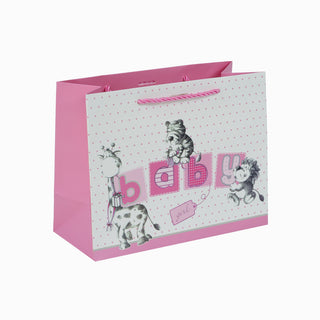 Punga cadou baby cu desene, material carton, dimensiuni 23x18x12cm, culoare roz cu maner roz