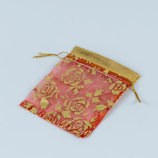 Saculet cadou Organza Trandafir, 8x9.5+2.5 cm - Rosu / Auriu