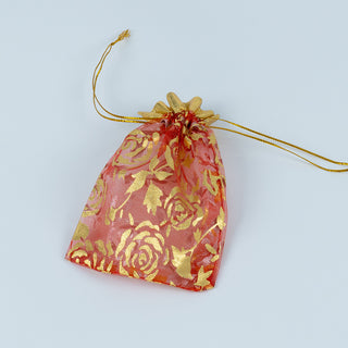 Saculet cadou Organza Trandafir, 8x9.5+2.5 cm - Rosu / Auriu