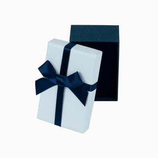 Cardboard jewelry box for earrings or pendant, with navy ribbon, 5x8x3 cm, white with navy, navy interior