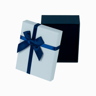 Cardboard jewelry box for earrings or pendant, with navy ribbon, 7x9x3 cm, white with navy, navy interior